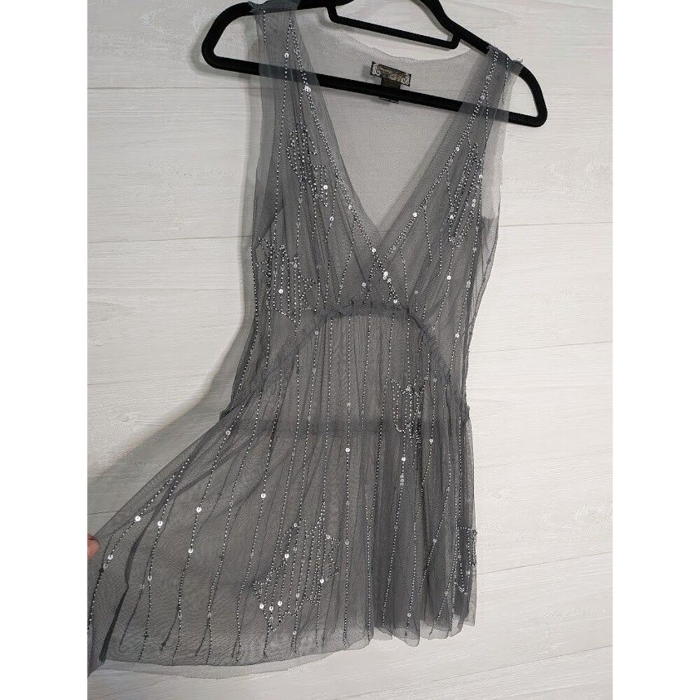 Vintage Mandee Gray Sequin Mesh Party Mini Dress Sheer Y2K Fairy Boho Size Small